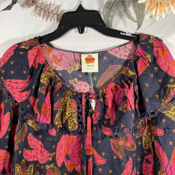 NWT Farm Rio [ Small ] Patchwork Bananas Ruffle Long Sleeve Blouse in Blue‎ - Picture 6 of 13